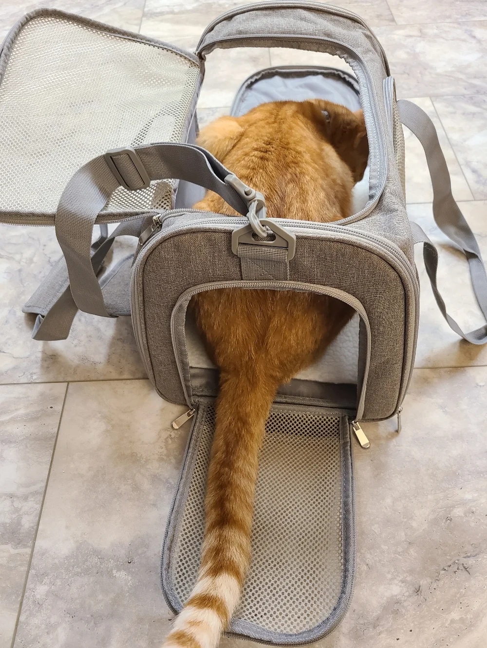 Pet Carrier Soft-Sided Gray Mesh Travel Duffle, Sherpa Pad Zippered Easy Access